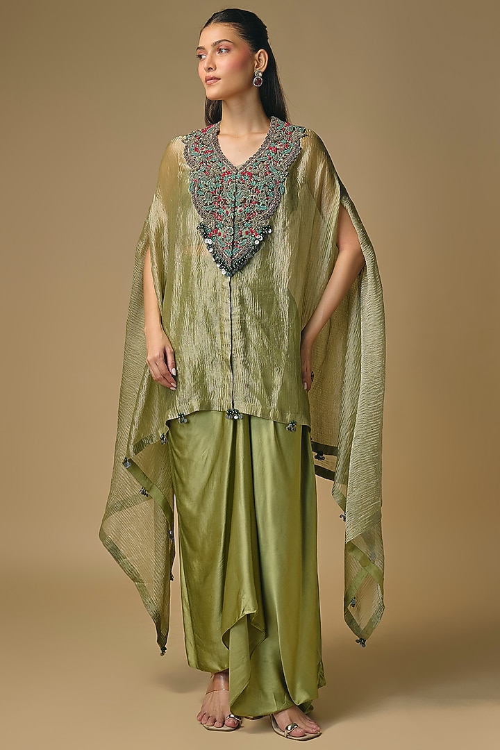 Sea Green Crushed Tissue Threadwork Kaftan Set by Prisho at Pernia's Pop Up Shop