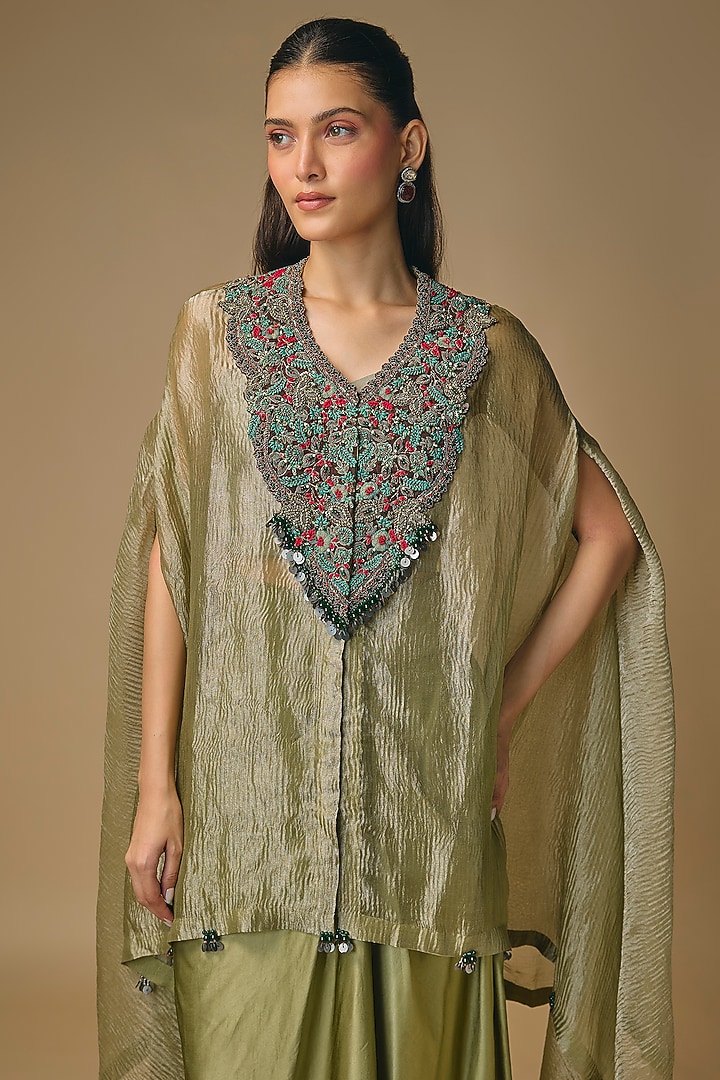 Sea Green Crushed Tissue Threadwork Kaftan Set by Prisho at Pernia's Pop Up Shop