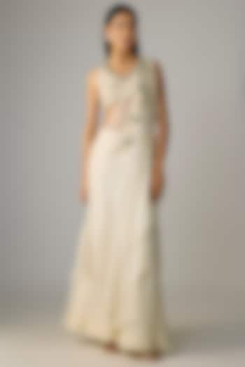 Ivory Silk & Organza Draped Wedding Sharara Set by Prisho at Pernia's Pop Up Shop