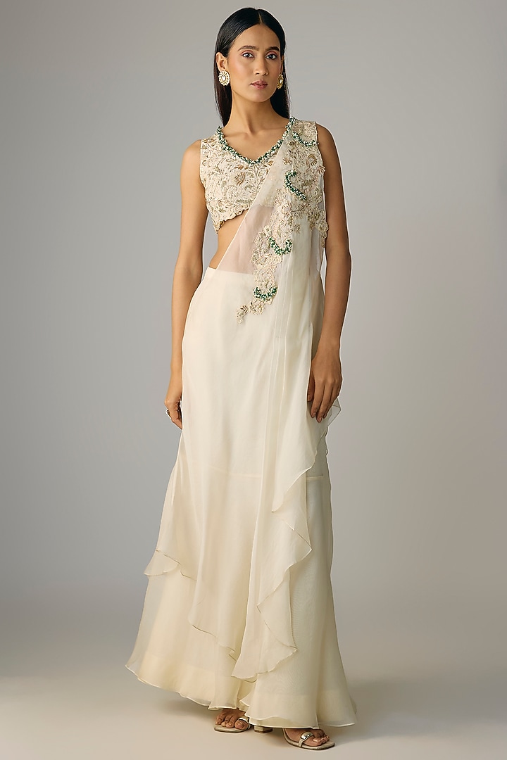 Ivory Silk & Organza Draped Wedding Sharara Set by Prisho at Pernia's Pop Up Shop