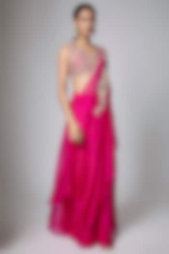 Fuchsia Silk & Tissue Mukaish Work Draped Skirt Set by Prisho at Pernia's Pop Up Shop