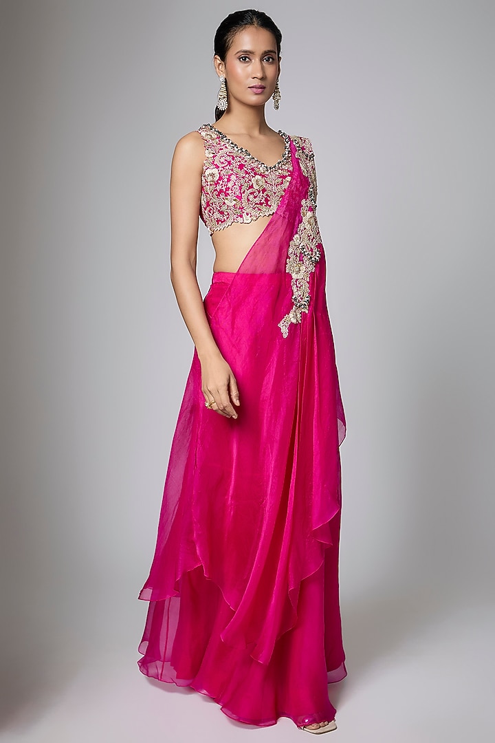 Fuchsia Silk & Tissue Mukaish Work Draped Skirt Set by Prisho at Pernia's Pop Up Shop