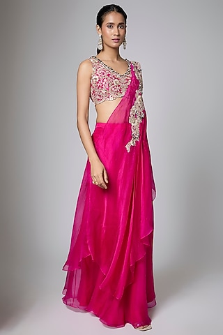 Fuchsia Silk & Tissue Mukaish Work Draped Skirt Set by Prisho