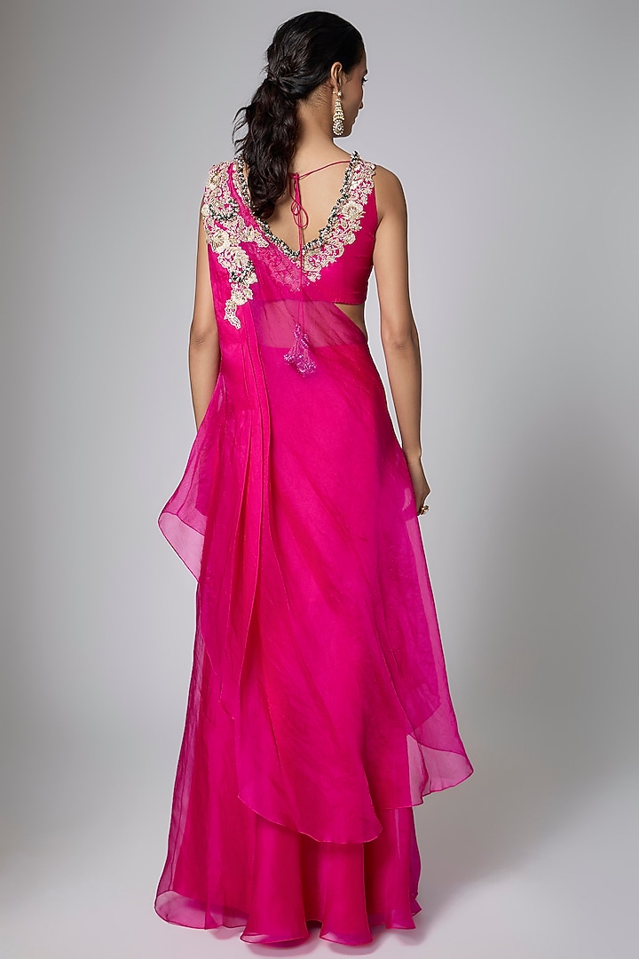 Fuchsia Silk & Tissue Mukaish Work Draped Skirt Set by Prisho at Pernia's Pop Up Shop