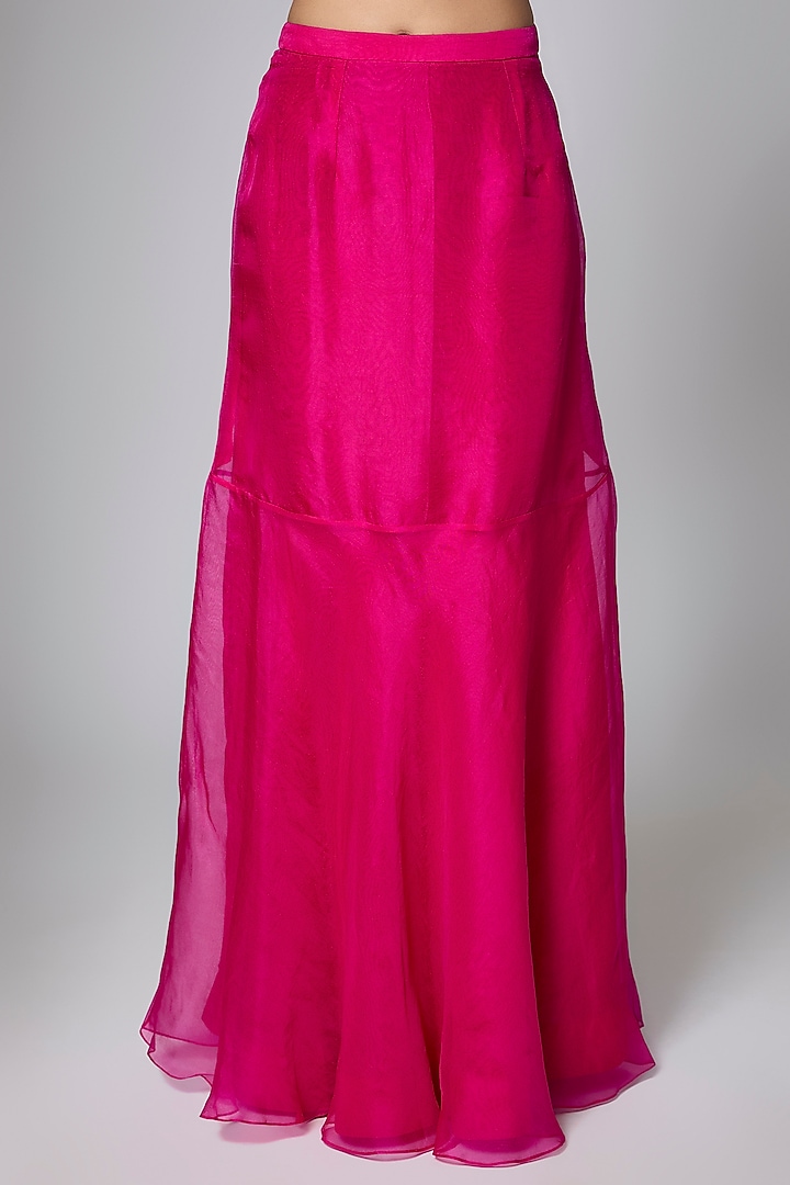 Fuchsia Silk & Tissue Mukaish Work Draped Skirt Set by Prisho at Pernia's Pop Up Shop