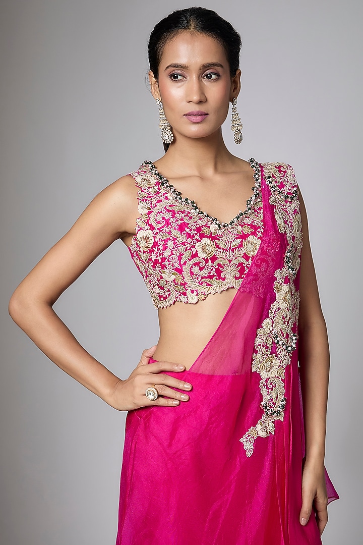 Fuchsia Silk & Tissue Mukaish Work Draped Skirt Set by Prisho at Pernia's Pop Up Shop