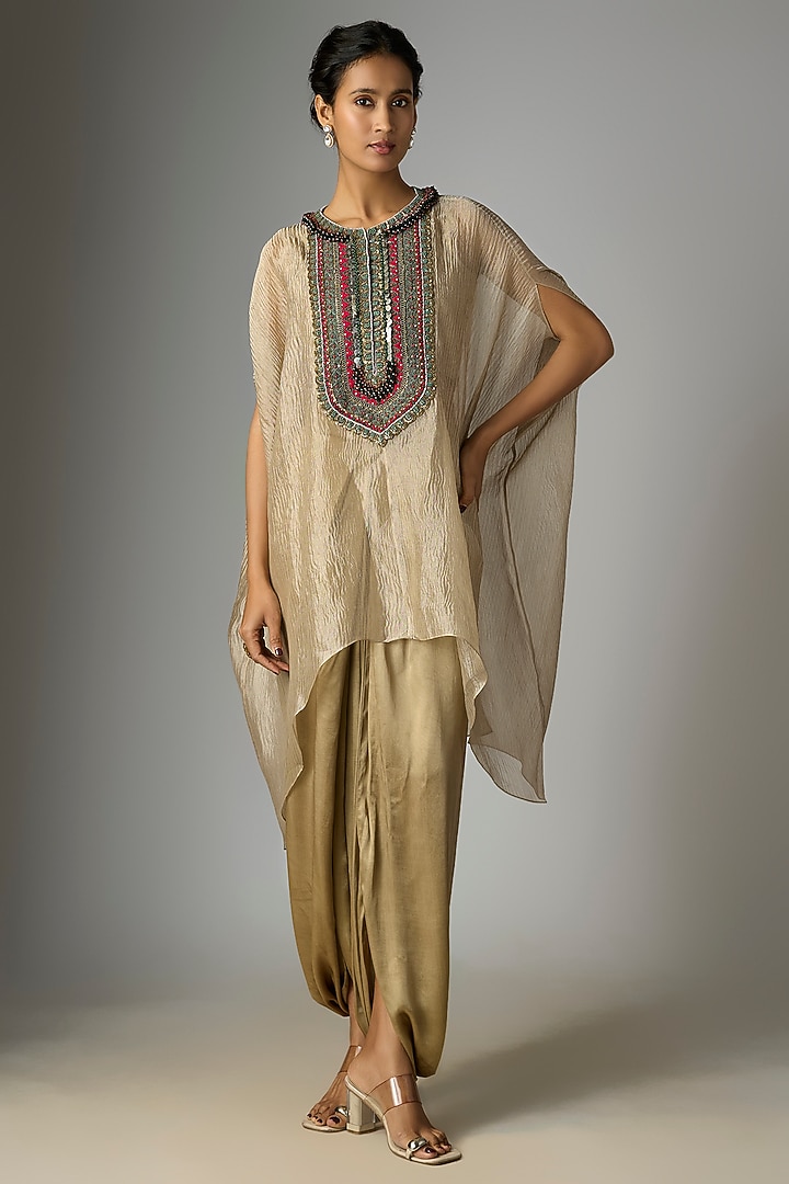 Champagne Crushed Tissue Thread Work Kaftan Set by Prisho at Pernia's Pop Up Shop