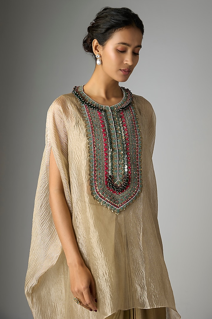 Champagne Crushed Tissue Thread Work Kaftan Set by Prisho at Pernia's Pop Up Shop
