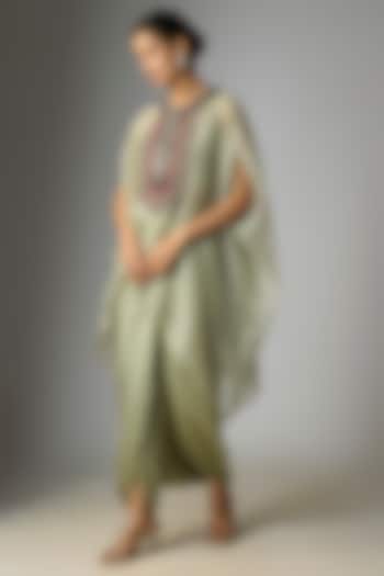 Aqua Bluish Crushed Tissue Thread Work Kaftan Set by Prisho at Pernia's Pop Up Shop