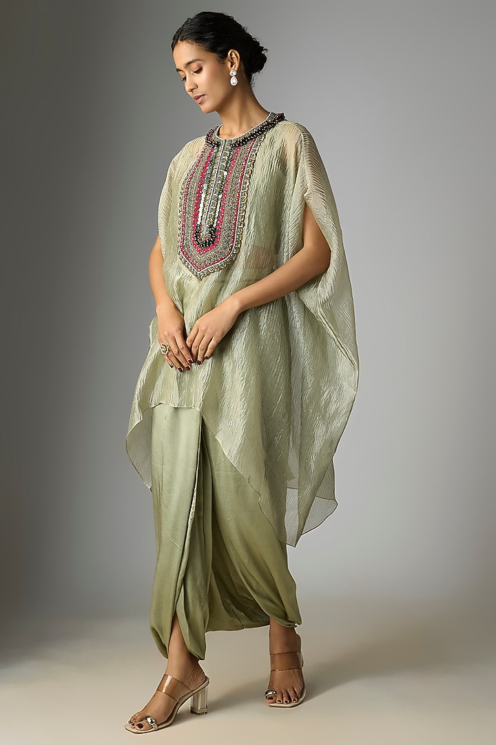 Aqua Bluish Crushed Tissue Thread Work Kaftan Set by Prisho at Pernia's Pop Up Shop