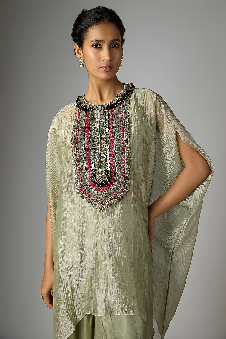 Aqua Bluish Crushed Tissue Thread Work Kaftan Set by Prisho at Pernia's Pop Up Shop
