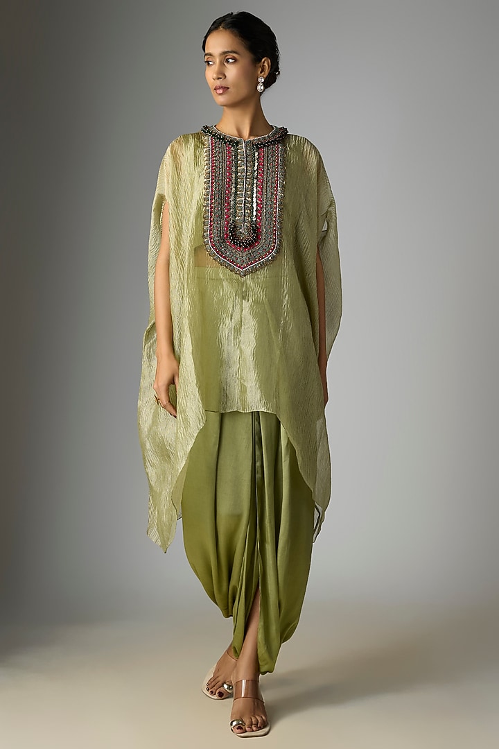 Sea Green Crushed Tissue Thread Work Kaftan Set by Prisho at Pernia's Pop Up Shop