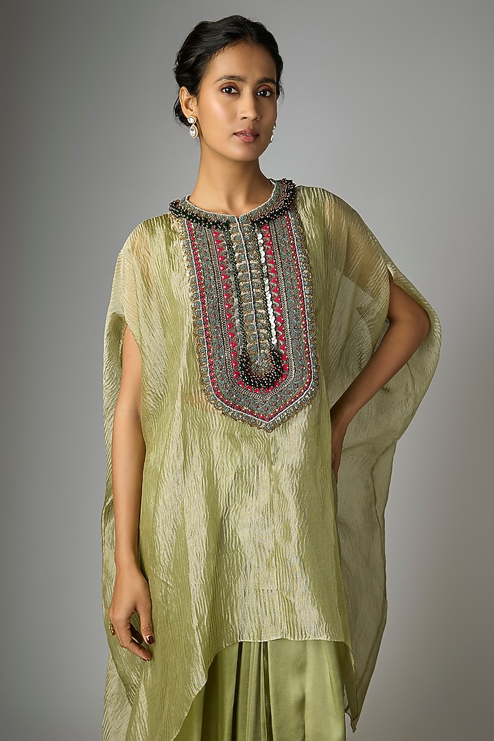 Sea Green Crushed Tissue Thread Work Kaftan Set by Prisho at Pernia's Pop Up Shop