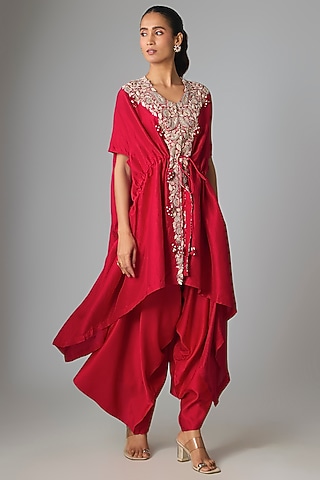 Red Silk Dori & Gota Work Kaftan Set by Prisho