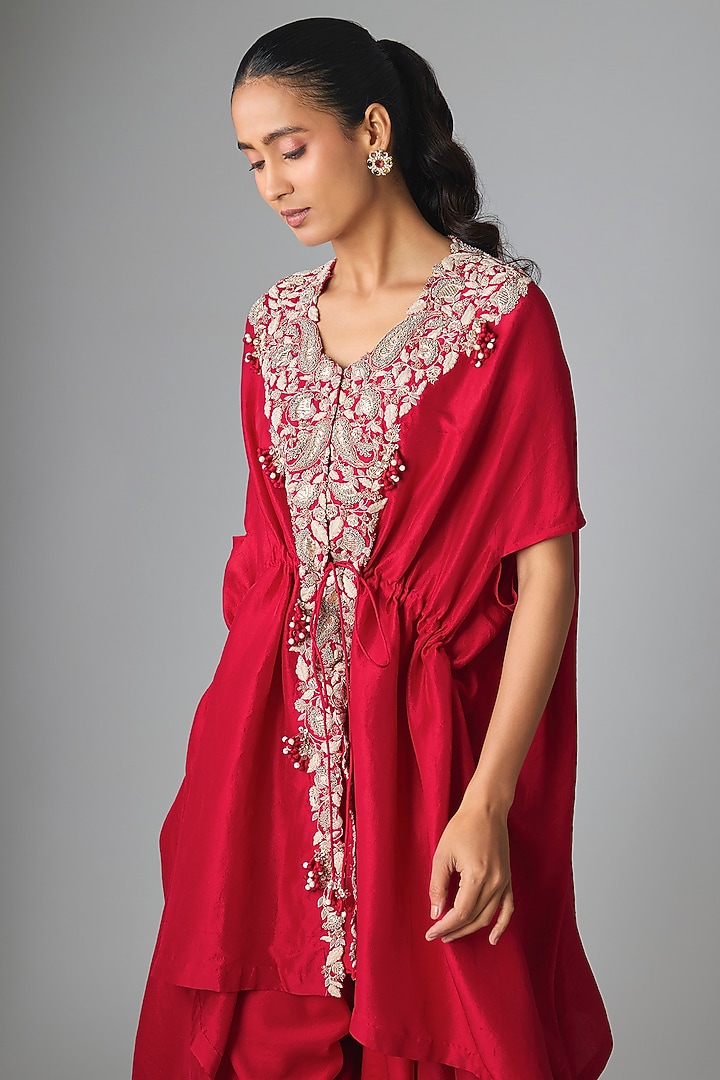 Red Silk Dori & Gota Work Kaftan Set by Prisho at Pernia's Pop Up Shop