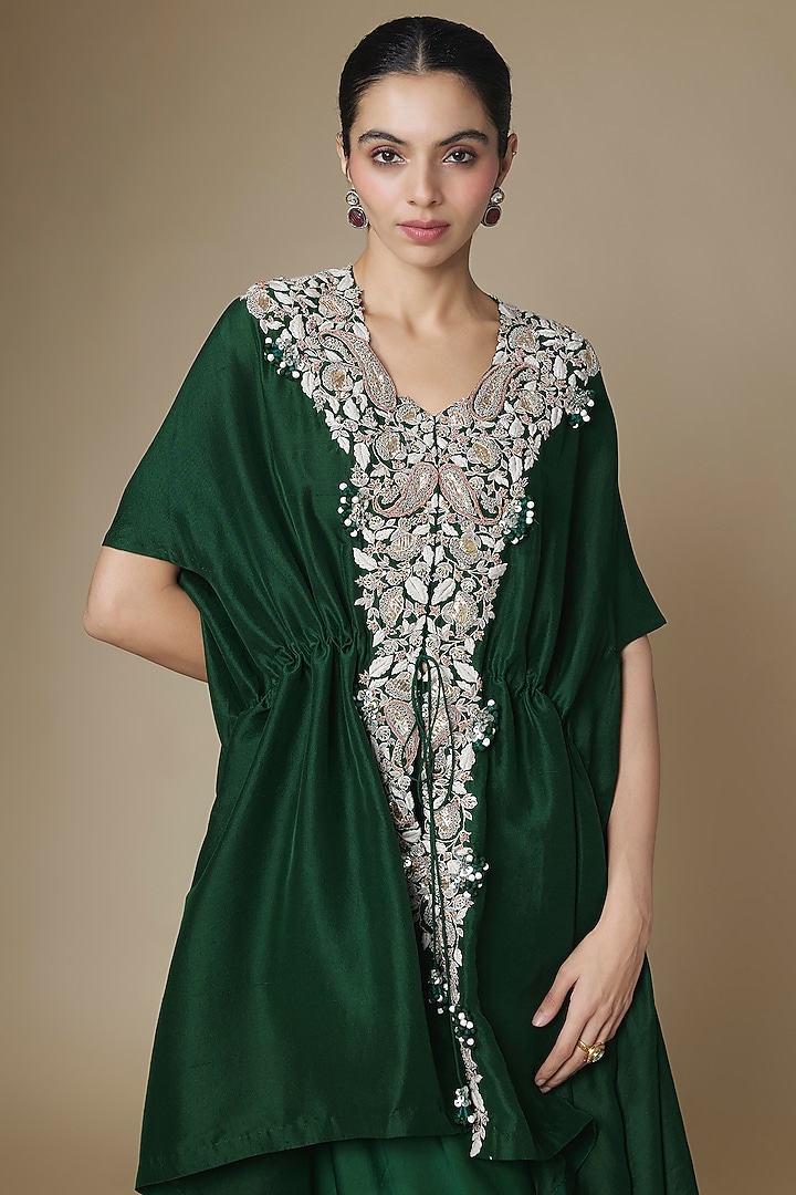 Bottle Green Silk Gota Embroidered Kaftan Set by Prisho at Pernia's Pop Up Shop