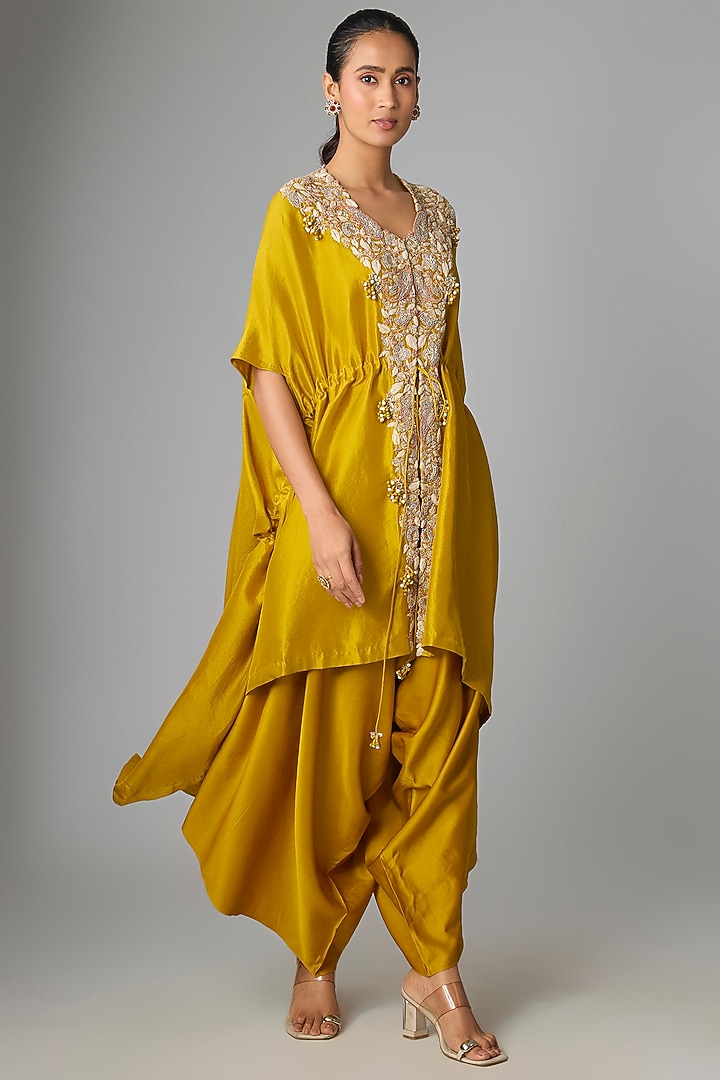 Mustard Silk Dori & Gota Work Kaftan Set by Prisho at Pernia's Pop Up Shop