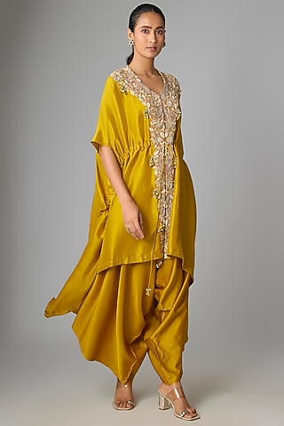 Mustard Silk Dori & Gota Work Kaftan Set by Prisho