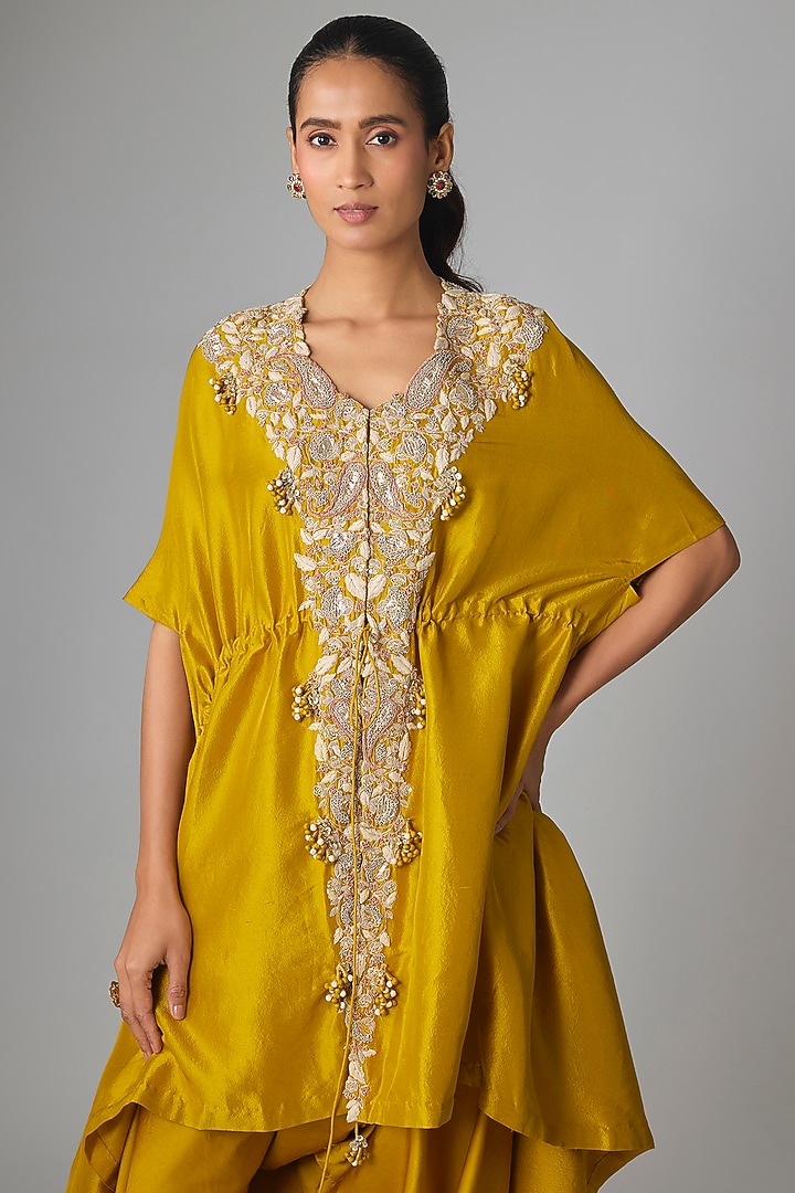 Mustard Silk Dori & Gota Work Kaftan Set by Prisho at Pernia's Pop Up Shop