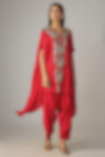 Red Crushed Silk Mirror & Resham Work Kaftan Set by Prisho at Pernia's Pop Up Shop
