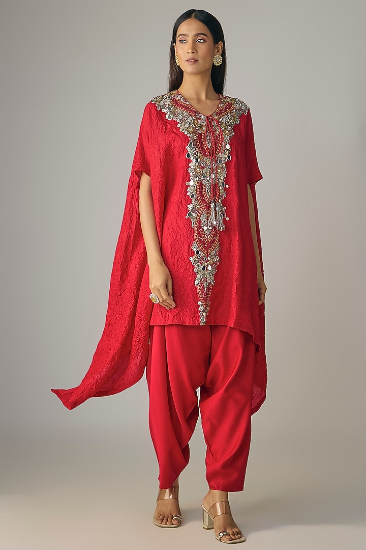 Red Crushed Silk Mirror & Resham Work Kaftan Set by Prisho at Pernia's Pop Up Shop