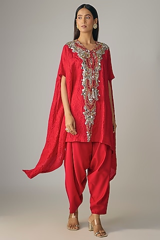 Red Crushed Silk Mirror & Resham Work Kaftan Set by Prisho