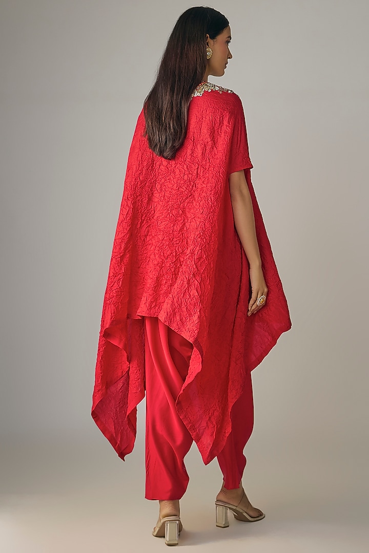 Red Crushed Silk Mirror & Resham Work Kaftan Set by Prisho at Pernia's Pop Up Shop