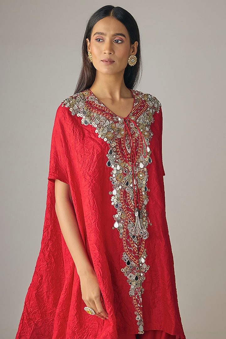 Red Crushed Silk Mirror & Resham Work Kaftan Set by Prisho at Pernia's Pop Up Shop