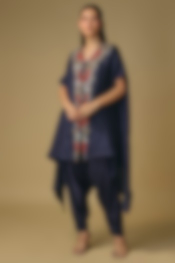 Blue Crushed Silk Mirror Work Kaftan Set by Prisho at Pernia's Pop Up Shop