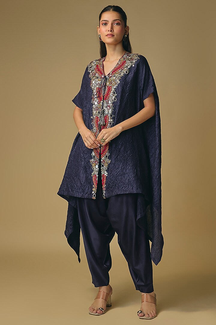 Blue Crushed Silk Mirror Work Kaftan Set by Prisho at Pernia's Pop Up Shop