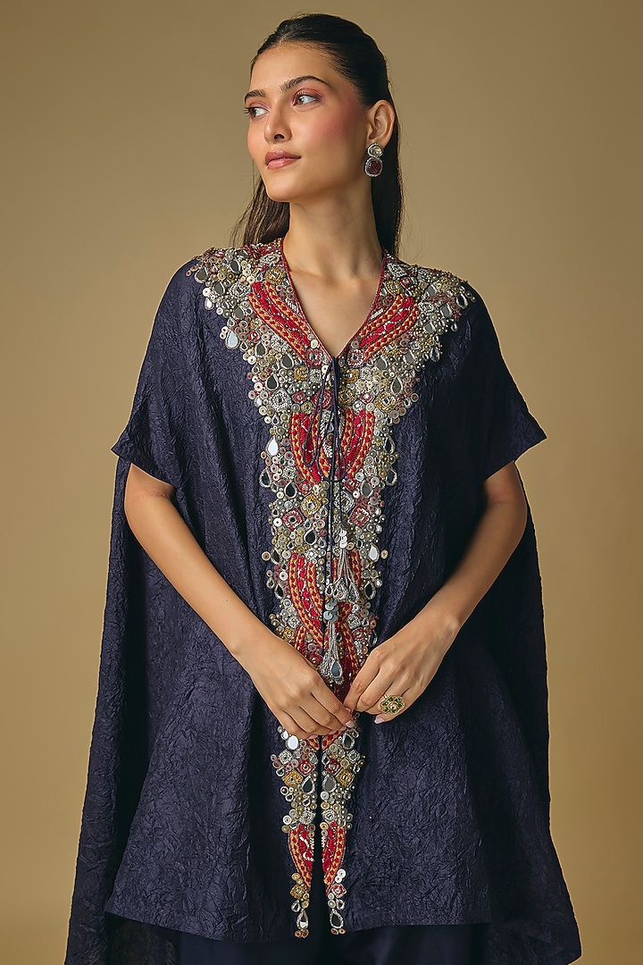 Blue Crushed Silk Mirror Work Kaftan Set by Prisho at Pernia's Pop Up Shop