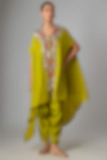 Green Crushed Silk Mirror Work Kaftan Set by Prisho at Pernia's Pop Up Shop