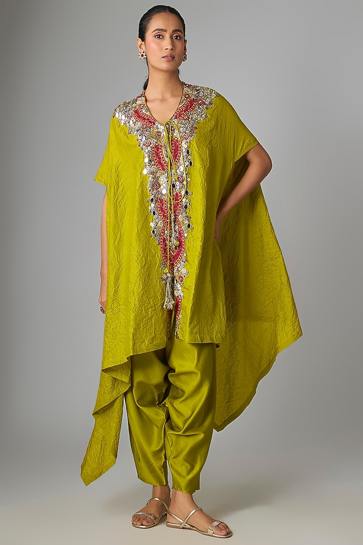 Green Crushed Silk Mirror Work Kaftan Set by Prisho at Pernia's Pop Up Shop