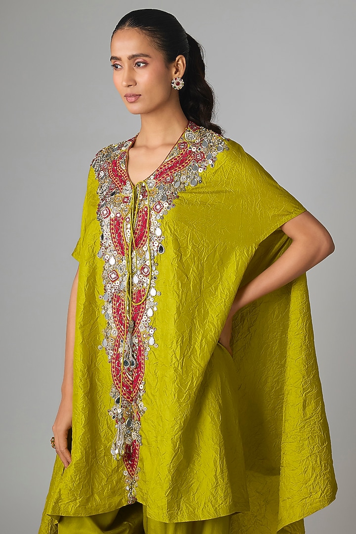 Green Crushed Silk Mirror Work Kaftan Set by Prisho at Pernia's Pop Up Shop
