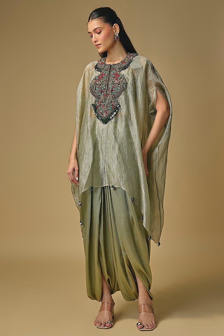 Aqua-Colored Crushed Tissue Threadwork Kaftan Set by Prisho at Pernia's Pop Up Shop