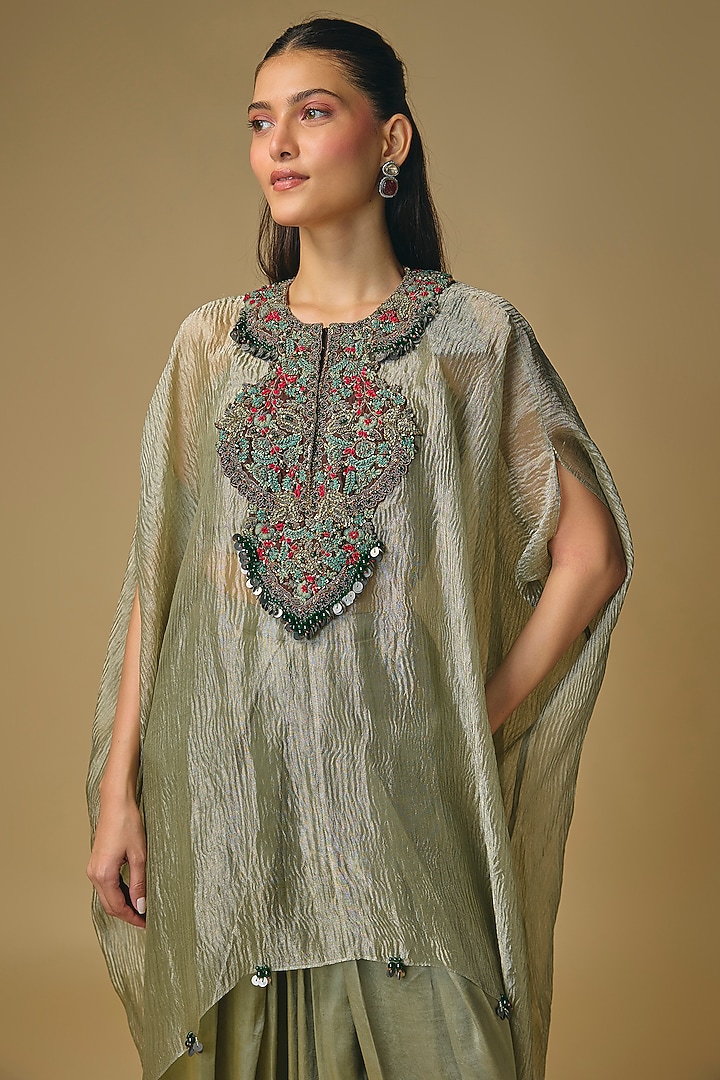 Aqua-Colored Crushed Tissue Threadwork Kaftan Set by Prisho at Pernia's Pop Up Shop