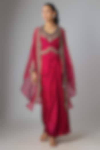 Cherry Red Organza Thread Work Cape Set by Prisho at Pernia's Pop Up Shop