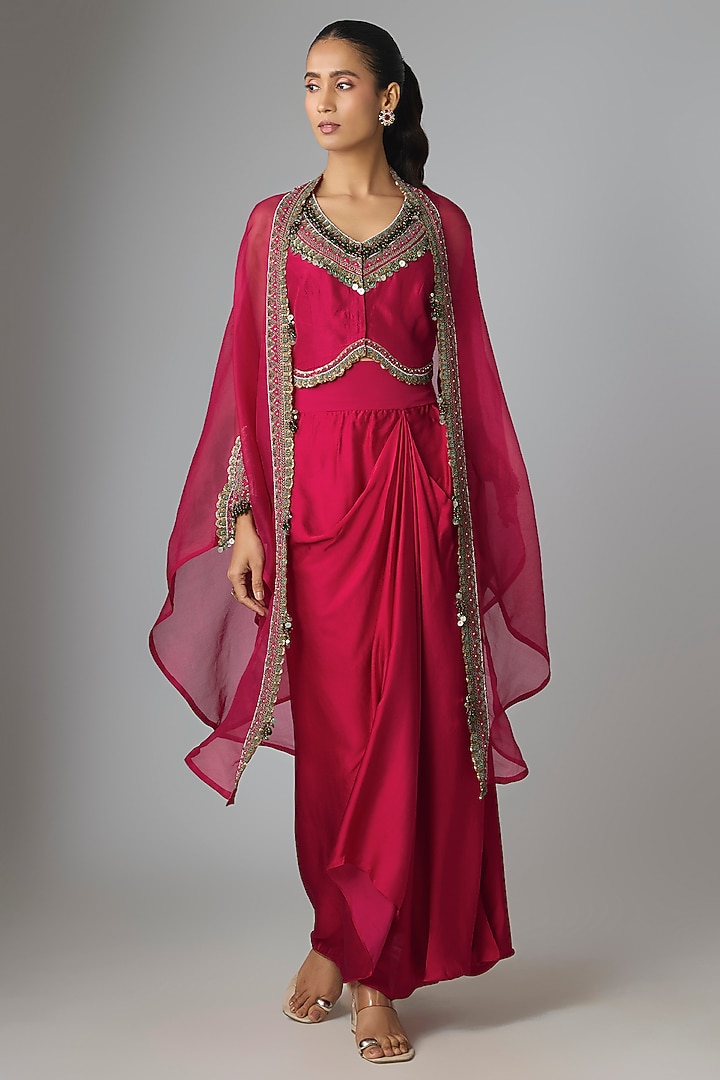 Cherry Red Organza Thread Work Cape Set by Prisho at Pernia's Pop Up Shop