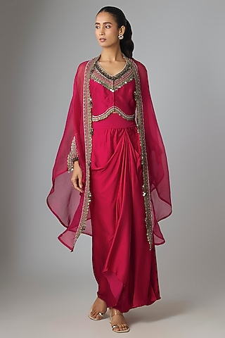 Cherry Red Organza Thread Work Cape Set by Prisho