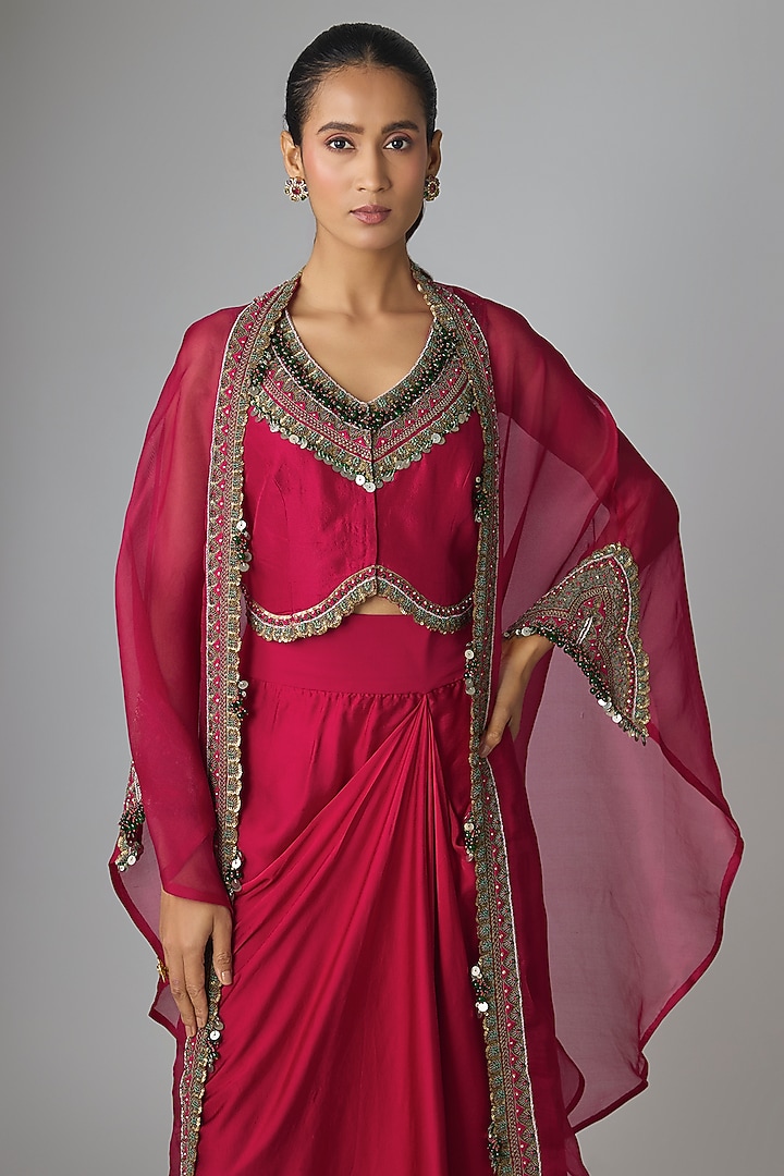 Cherry Red Organza Thread Work Cape Set by Prisho at Pernia's Pop Up Shop