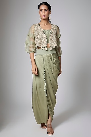 Aqua Tissue Mukaish Work Jacket Set by Prisho