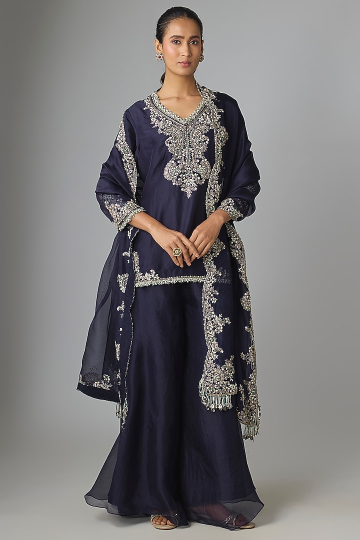 Royal Blue Silk & Organza Wedding Sharara Set by Prisho at Pernia's Pop Up Shop