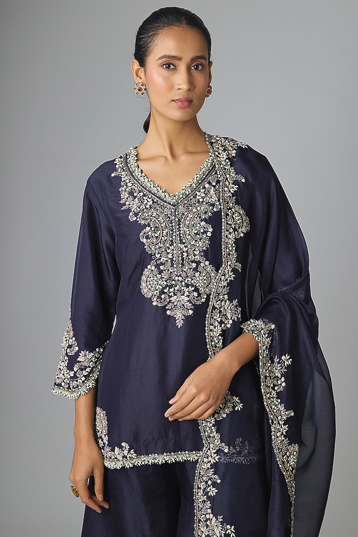 Royal Blue Silk & Organza Wedding Sharara Set by Prisho at Pernia's Pop Up Shop
