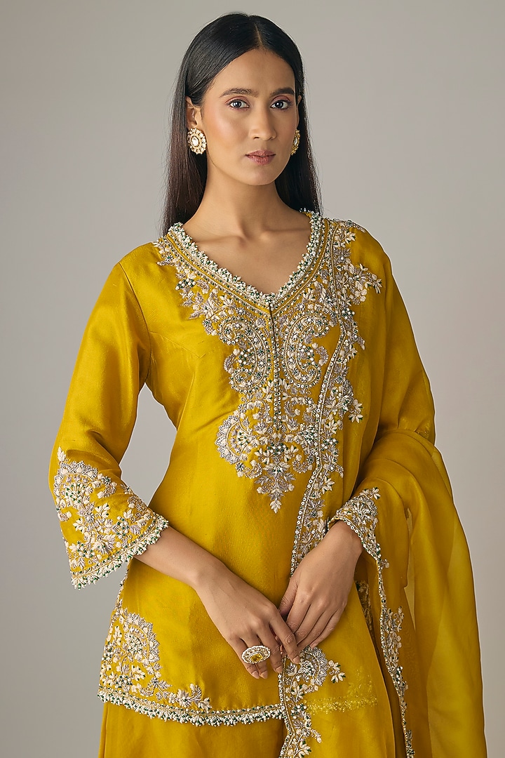Mustard Silk & Organza Wedding Sharara Set by Prisho at Pernia's Pop Up Shop