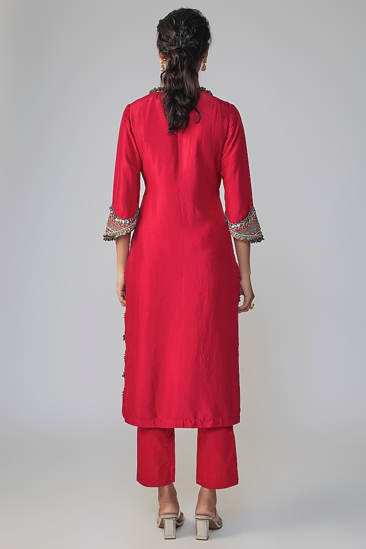 Red Silk Threadwork Kurta Set by Prisho at Pernia's Pop Up Shop