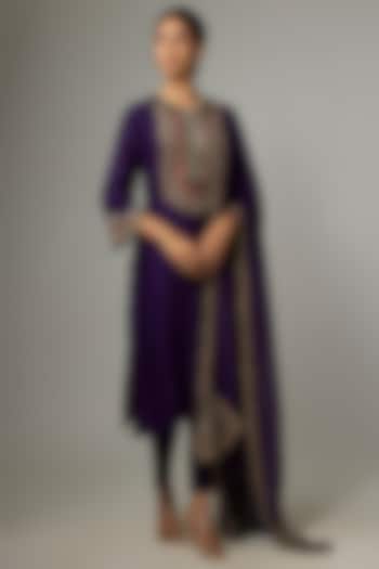 Dark Purple Silk Dori Work Kurta Set by Prisho at Pernia's Pop Up Shop