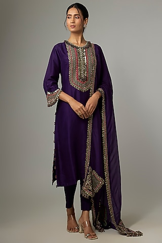 Dark Purple Silk Dori Work Kurta Set by Prisho