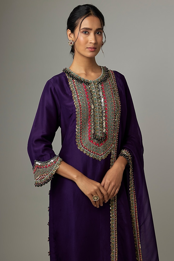 Dark Purple Silk Dori Work Kurta Set by Prisho at Pernia's Pop Up Shop