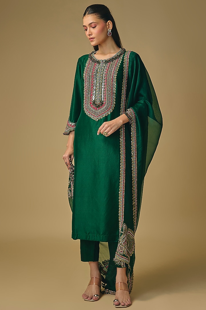 Bottle Green Silk Dori Embroidered Kurta Set by Prisho at Pernia's Pop Up Shop