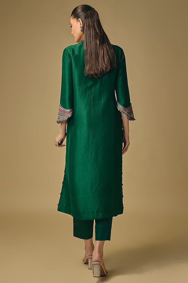 Bottle Green Silk Dori Embroidered Kurta Set by Prisho at Pernia's Pop Up Shop